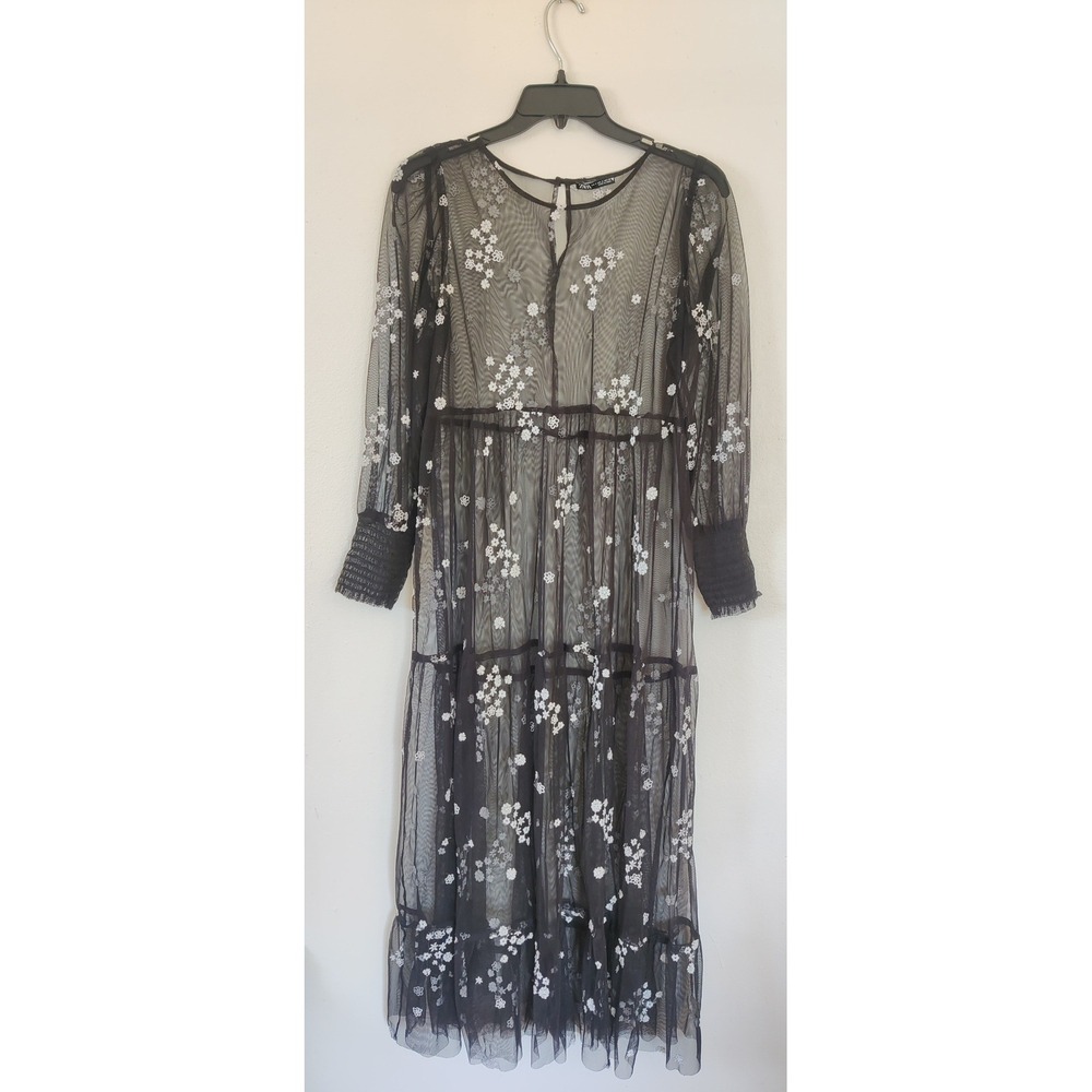 Zara Black Sheer‎ Mesh Floral Embroidered Tiered Midi Dress Womens Small Smocked
